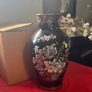 Black Floral Ceramic Vase with Hand-Painted Orchids